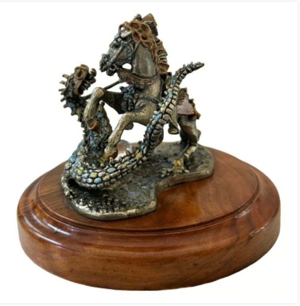 Vintage St. George Fighting the Dragon Bronze Statue Warrior Figurine Wood Base - Picture 6 of 11